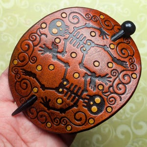 Leather Skeleton Dance Handcrafted Festive Stick Barrette, Macabre Hair Slide, Spooky Barrette, Scary Bun Maker, Medium Bun Sized