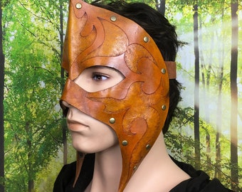 Leather Elven Helm, Woodland Warrior, Oak Leaf Design, Hand Tooled Leather Mask with Brass Rivets, Face Shielding Armor, Fantasy Costume