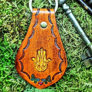 Leather Hamsa Keyring, Handcrafted Hand of Fatima Key Fob, With Finished Back and Edges, Butterflies and Heart, Protective Charm Symbol