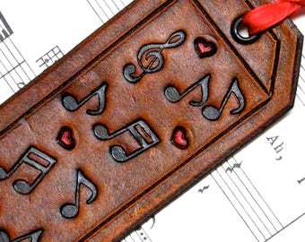 Leather Music Bookmark, Treble Clef, Musical Notes, Hearts, Musician Gift, Antiqued Golden Caramel Brown Leather Bookmark (MADE UPON ORDER)