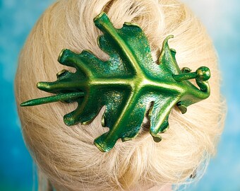 Oak Leaf Hair Slide, Handcrafted Green and Gold Leather Oak Leaf Stick Barrette, Large Fresh Green Sculpted Oak Leaf Hair Stick, Bun Holder