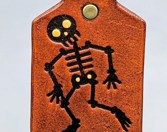 Leather Skeleton Dancing Keyring, Handcrafted Halloween Leather Key Fob, Spooky Scary Key Ring, Two Sided, Finished Back, Smooth Edges