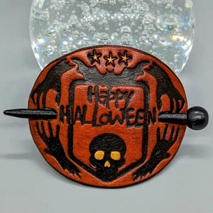Happy Halloween Leather Stick Barrette, Handcrafted Bat, Skull, Spooky Hands Halloween Barrette, Halloween Hair Slide, Leather Hair Stick