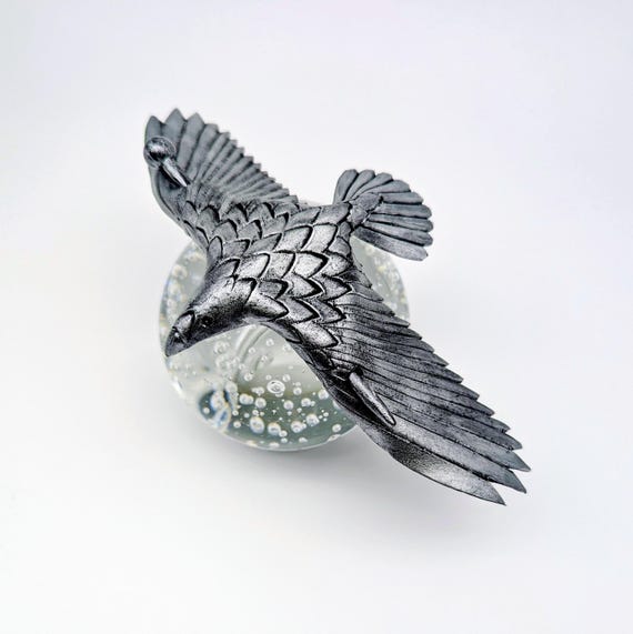 Silver Raven Leather Hair Pin, (Lge.) Metallic Silver Crow Stick Barrette, Handcrafted Leather Raven Large Slide Barrette, Bun Holder, Large