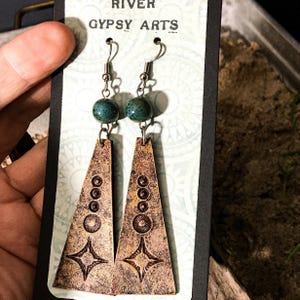Earrings, Bronze-toned Leather, Handtooled, Long Geometric Arty Abstract Leather Earrings, Lightweight, Hypoallergenic French Hooks,