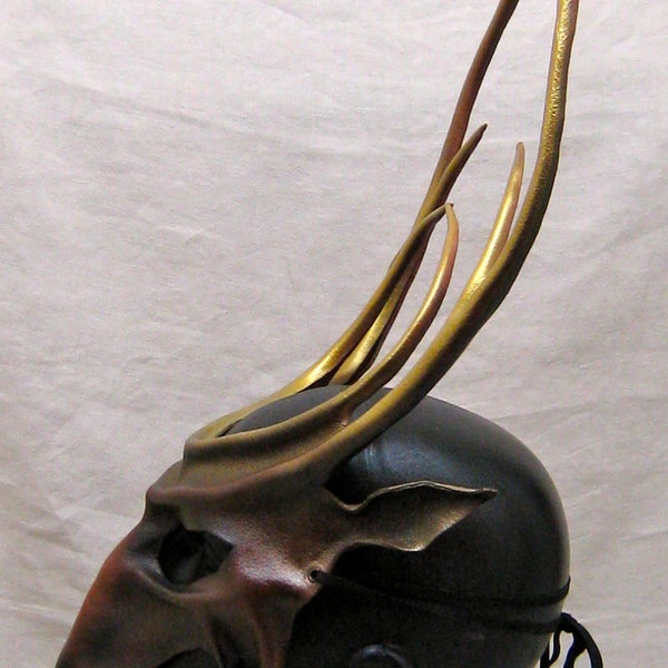 Majestic leather stag mask, Cernunnos, handsome deer,  dark chestnut brown, bright golden antlers reinforced with hidden wire