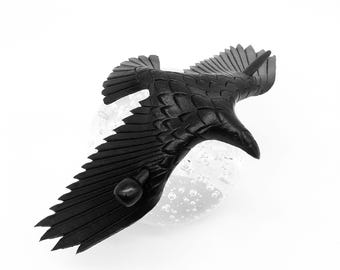 Leather Raven Hair Pin, (Med.) Handmade Raven Stick Barrette, Black Leather Crow Hair Slide, Hair Accessory, Medium. (MADE UPON ORDER!)