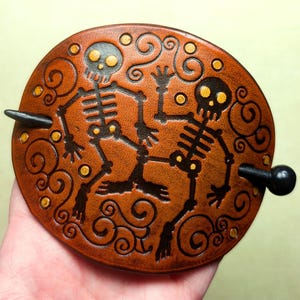 Leather Skeleton Dance Handcrafted Festive Stick Barrette, Halloween Hair Slide, Spooky Barrette, Scary Bun Maker, Medium Bun Sized