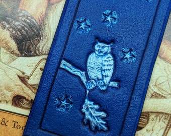 Leather Nightowl Bookmark in Royal Blue Leather, Handmade Silver Highlighted Owl Moon Stars, Deep Blue Leather with Ribbon, Velvet Backed