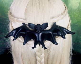 Leather Bat Hair Slide, Handcrafted Bat Stick Barrette, Cute Black Leather Bat Hair Pin, Goth Hair Accessory, (smallest of three sizes)