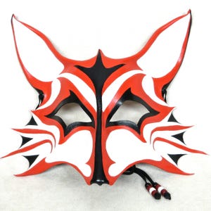 Leather Kitsune Mask, Leather Fox Eyemask, Red and Black Japanese Mythology Costume, Handpainted And Wearable Leather Art Mask