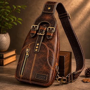 May include: A brown leather sling bag with a textured finish. The bag features a zippered front pocket, multiple buckle closures, and a long adjustable strap. Gold-colored hardware accents the bag, which has a small rectangular label that reads "LEATHER".