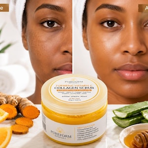 May include: A round plastic jar of Pureform Botanicals Turmeric Vitamin C Collagen Scrub with a white lid and yellow label. The label text includes ingredients like turmeric, vitamin C, collagen, kojic acid, aloe vera, licorice root, and honey. The jar is 8.45 oz.