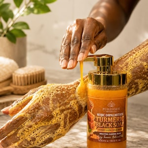 Könnte beinhalten: Eine durchsichtige Kunststoffflasche mit goldenem Pumpspender, die orangefarbene Flüssigseife enthält. Das Etikett trägt die Aufschrift Pureform Botanicals Kojic Dipalmitate Turmeric Black Soap Honey Glow Milk Wash, 500ml e 16.9 fl. oz. Die Seife ist als dickes Gel.