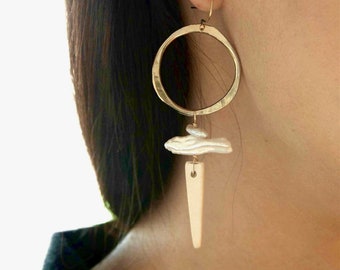 Future is Female Earrings, handcrafted gold hoop w white spike earrings, hypoallergenic jewelry