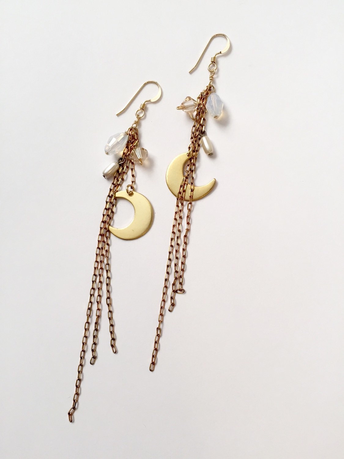 Moonstone Bohemian Earrings moon charm and opal long dangle | Etsy