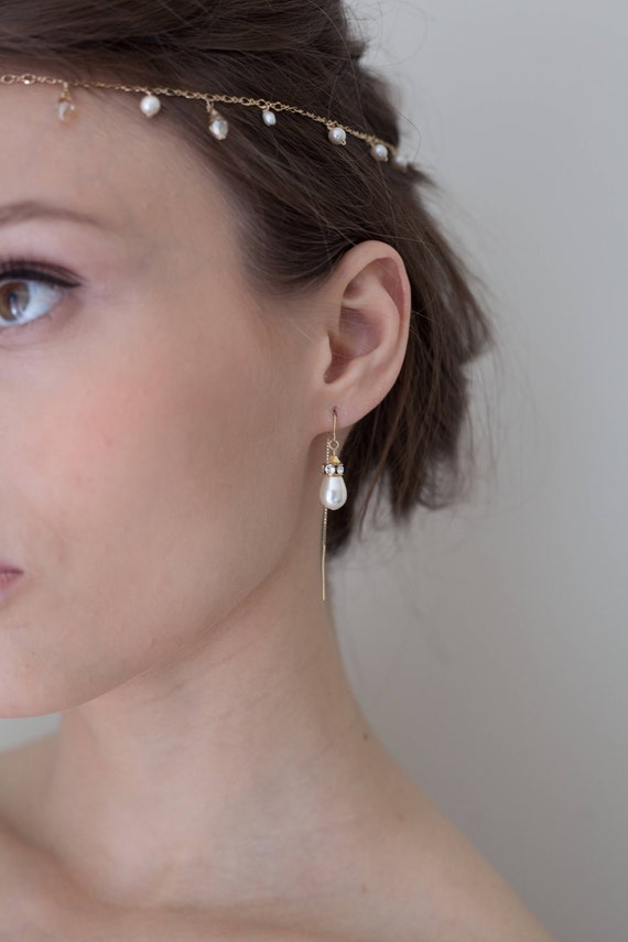 Pearl earrings June Birthstone, Pearl Bar Threader Earrings Long Pearl Drop Earrings Pearl threaders Pearl Dangle Earrings