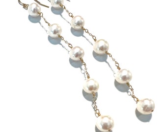 Pearl spacer long earrings, real pearls, genuine freshwater 14k gold fill non tarnish or sterling silver 5 4 3  waterproof