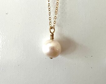 Round Pearl Drop Necklace, Freshwater Pearl with or without rhinestones, Simple 14K Gold Filled or Sterling Silver  waterproof