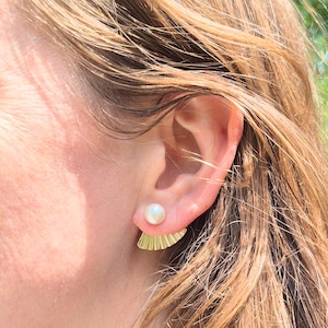Pearl Fan Ear Jacket Stud Earrings in Sterling Silver or 14k Gold fill, keshi pearl and sterling earwire  waterproof