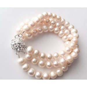 The Cassiopeia Three Strand Pearl Bracelet, 3 Strand Pearl Bracelet, Bridal Bracelet, Pearl Bracelet, Freshwater Pearls, Vintage bling image 2