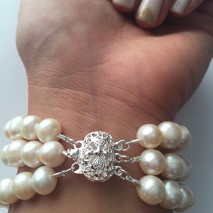 The Cassiopeia Three Strand Pearl Bracelet, 3 Strand Pearl Bracelet, Bridal Bracelet, Pearl Bracelet, Freshwater Pearls, Vintage bling image 5