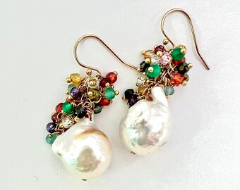 Baroque Pearl colorful semi-precious Festival Earrings, hypoallergenic jewelry