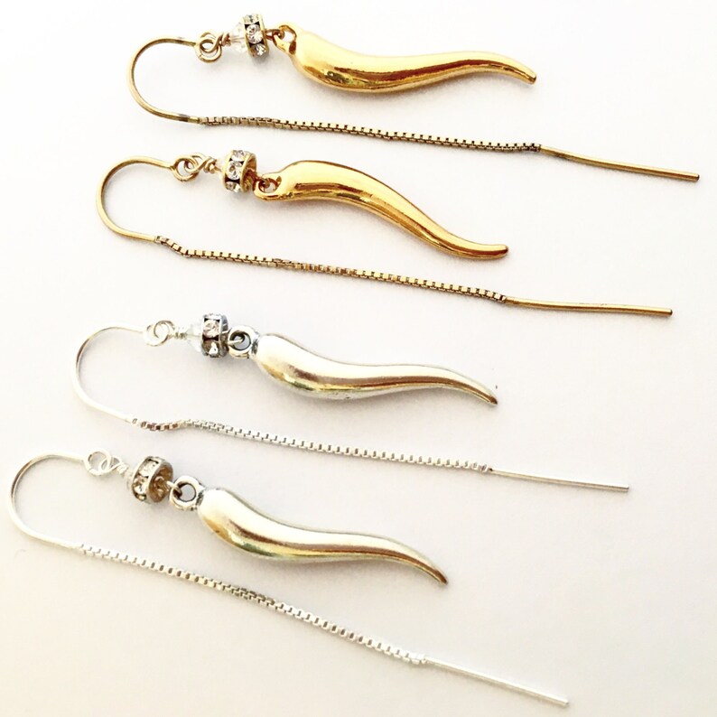 Italian Horn Thread Earrings, Threader Earrings, Gold Italian Horn