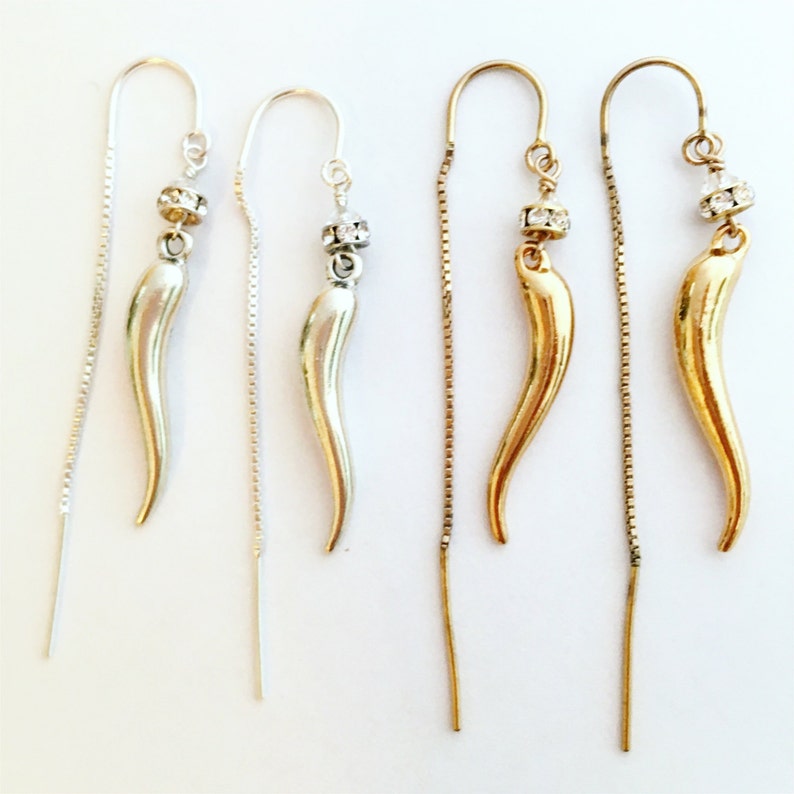 Italian Horn Thread Earrings, Threader Earrings, Gold Italian Horn