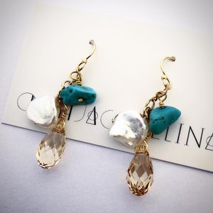 The Turquoise Shimmer Earrings, Turquoise, Real Pearl and Swarovski Briolette small dangle Earrings, sterling silver