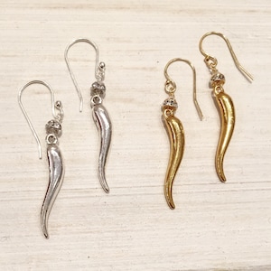 Italian Horn Earrings, Gold Italian Horn Earrings, or sterling silver italian horn earrings with swarovski rhinestone bling