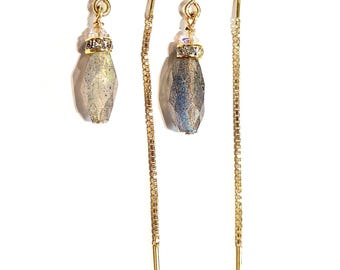 Pendientes de hilo de labradorita, chapados en oro de 14 quilates, plata de ley, hipoalergénicos.