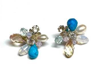 Turquoise Swarovski Flower Earrings, sterling silver rhodium posts, unique flower earrings, pearl, rhinestone, diamond flower studs