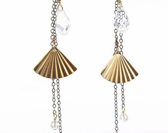 Origami Fan Earrings in 14k GF and oxidized black sterling silver with Swarovski  waterproof