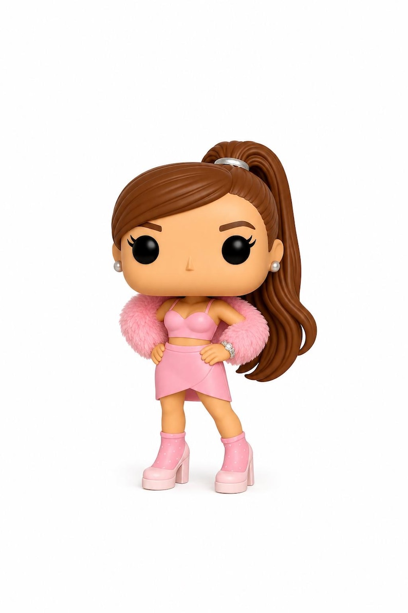 May include: A Funko Pop vinyl figure of a woman with brown hair in a high ponytail. She wears a pink outfit, including a crop top, skirt, and boots. A pink faux fur jacket is draped over her shoulders. She has black eyes and a silver bracelet.