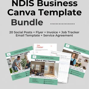 Peut inclure: Un ensemble de modèles Canva pour les entreprises NDIS. L'image présente un titre en gros caractères noirs, avec le texte "NDIS Business Canva Template Bundle". Comprend des publications sur les réseaux sociaux, des flyers, des factures, etc. Les modèles sont prêts pour les entreprises.