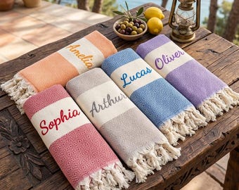 Telo mare turco personalizzato, asciugamano da bagno ricamato su misura, regalo per la proposta di damigella d'onore, peshtemal monogrammato anti-sabbia, telo piscina in cotone