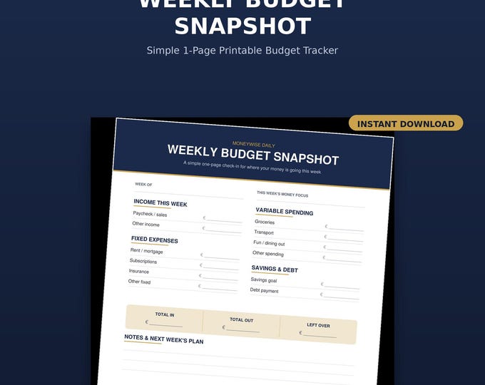 Weekly Budget Snapshot Printable | Simple 1-Page Budget Tracker PDF | Instant Download Money Planner