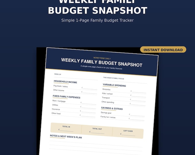 Weekly Family Budget Snapshot | Simple Family Budget Tracker PDF | Instant Download