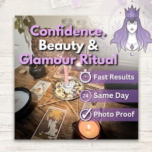 May include: A ritual setup featuring a pink candle in a metal dish with dried herbs, surrounded by tarot cards, a small black cauldron, and a wooden star shape. Text overlays read Confidence, Beauty & Glamour Ritual, Fast Results, 24 Same Day, and Photo Proof.