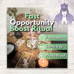 Puede incluir: Un ritual con una vela rosa en un plato de metal, rodeado de hierbas secas, cartas de tarot, un pequeño caldero negro y una estrella de madera. El texto superpuesto dice Fast Opportunity Boost Ritual, Fast Results, 24h Same Day, Photo Proof.