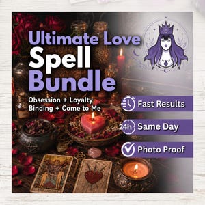 Op de afbeelding: Een digitale afbeelding met de titel Ultimate Love Spell Bundle met tekst waaronder Obsession + Loyalty, Binding + Come to Me, Fast Results, 24h Same Day en Photo Proof. De afbeelding toont een hartvormige kaars, tarotkaarten en een sleutel.