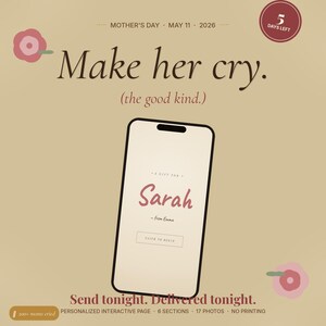 Può includere: Annuncio digitale per la festa della mamma con uno smartphone che mostra il nome "Sarah". Il testo recita "Make her cry. (the good kind.)" e "Send tonight. Delivered tonight." Lo sfondo è beige con elementi floreali.