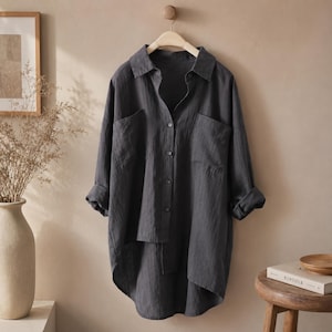Linen Button Down Shirt Women Oversized Tunic Top Loose Fit Casual Blouse