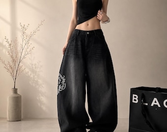 Y2K Baggy Black Jeas for Women | Oversized Wide Leg Denim Pants | Harajuku Streetwear Jeans