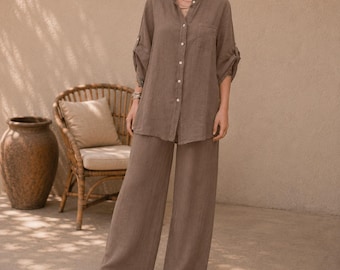 Damen Leinen Zweiteiler, übergroßes Top, Hose mit weitem Bein