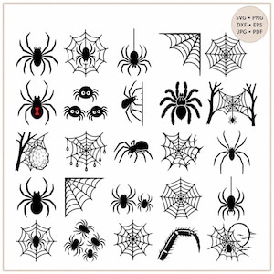 May include: A digital collection of black spider and spiderweb silhouettes arranged in a grid. The set includes various arachnid shapes, circular and corner webs, and one spider with a red hourglass marking. Text in the corner reads SVG PNG DXF EPS JPG PDF.