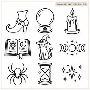 Mysig häxig Halloween SVG-paket, minimalistisk linjeteckning (digital nedladdning)