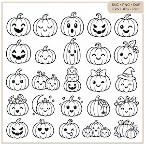 Puede incluir: Una colección de veinticinco ilustraciones de calabazas en blanco y negro con diversas expresiones faciales, accesorios y agrupaciones. La esquina superior derecha contiene el texto SVG, PNG, DXF, EPS, JPG, PDF.