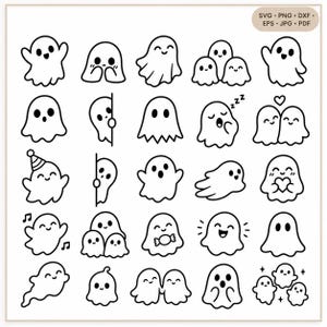 May include: A digital collection of twenty-five black and white line art ghost illustrations featuring various expressions and poses, including ghosts with hearts, party hats, and sleeping. The top right corner contains the text SVG, PNG, DXF, EPS, JPG, PDF.